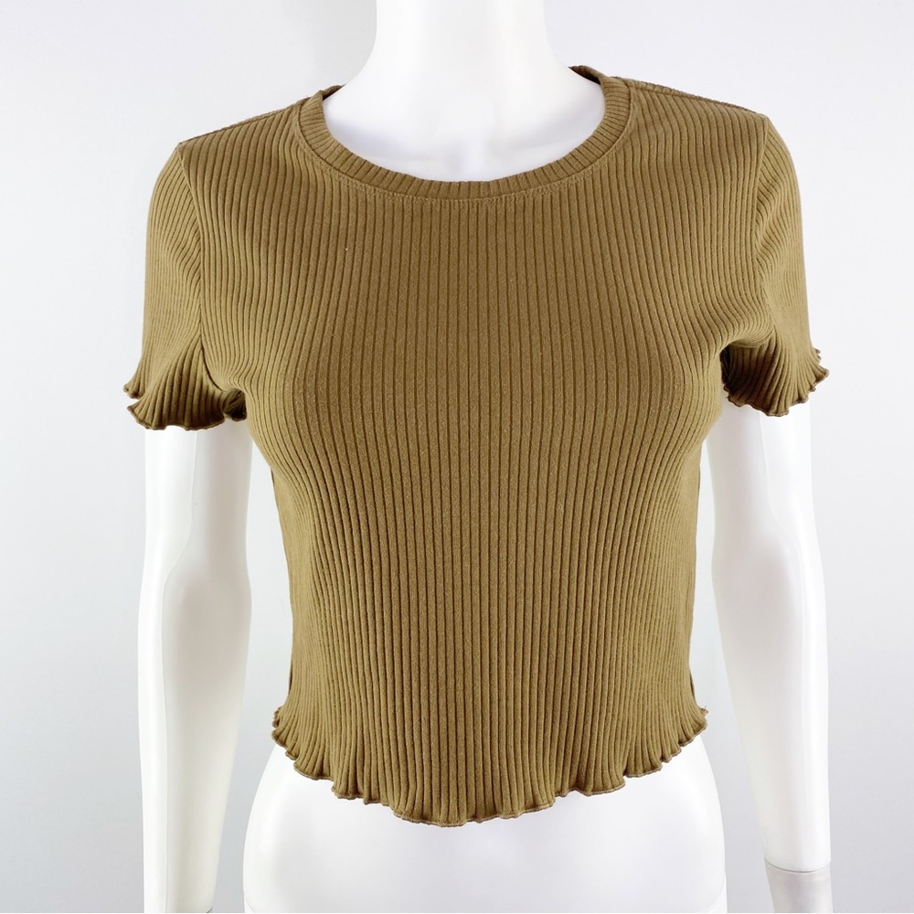 Good American Khaki Green Short Sleeve Cropped Rib Knit T-Shirt Top Size S - Picture 2 of 7